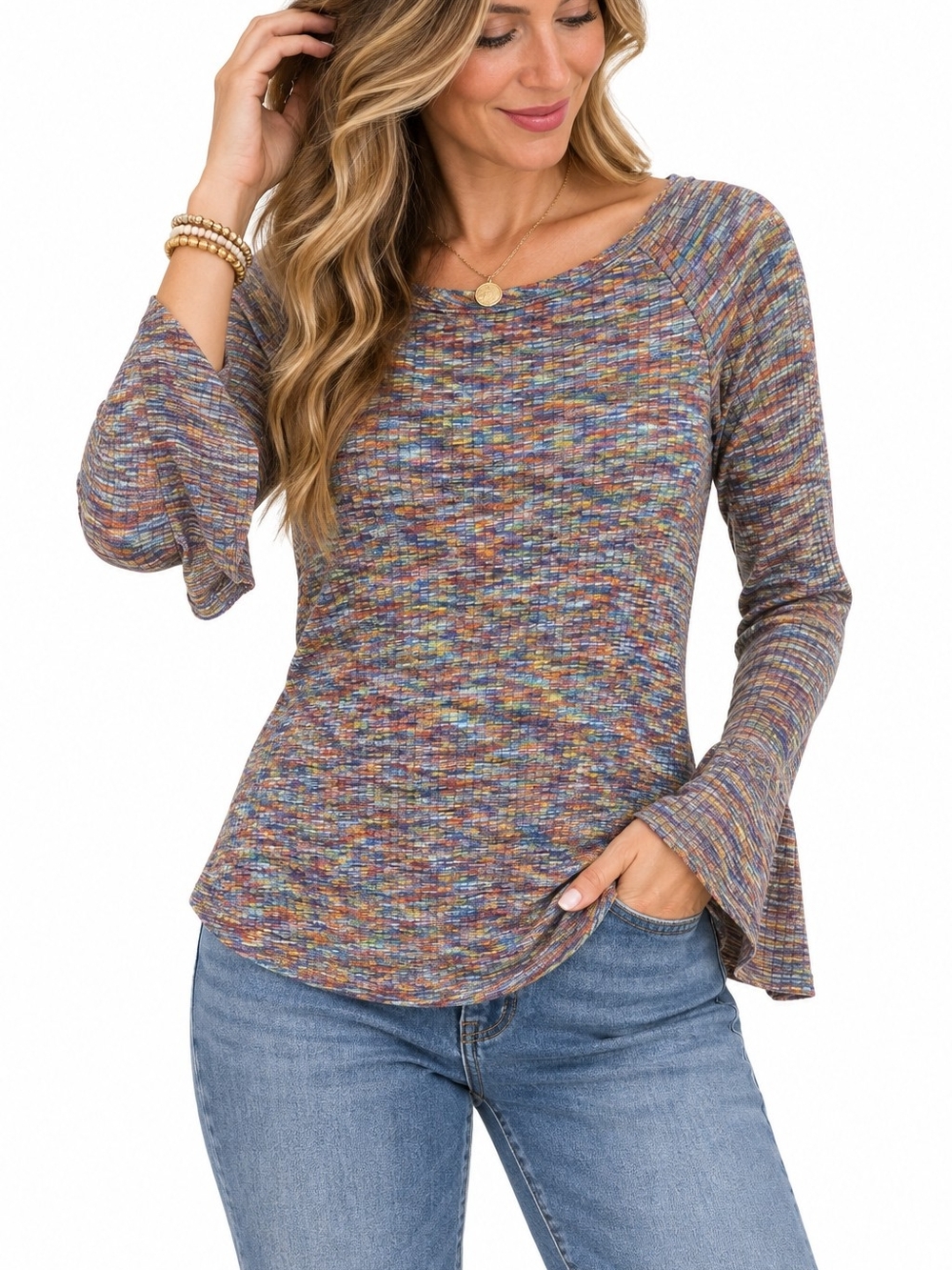 Multicolor Marled Bell-Sleeve Tunic Top - Women Medium